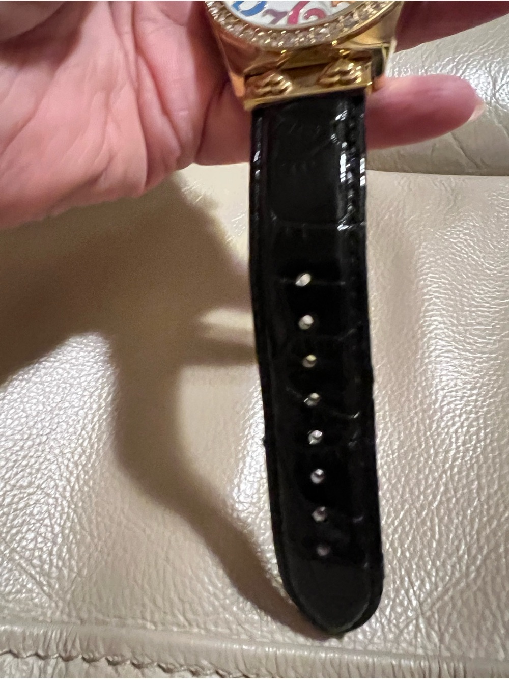 Betsey Johnson Gold-Tone Watch with Multicolor Numerals and Black Strap - Picture 4 of 6